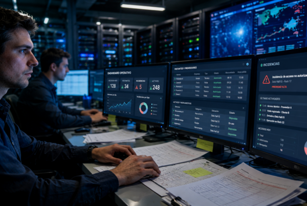 Operadores de data center gestionan procesos manuales y registros en hojas de cálculo mientras monitorean accesos, incidencias y activos en múltiples sistemas.