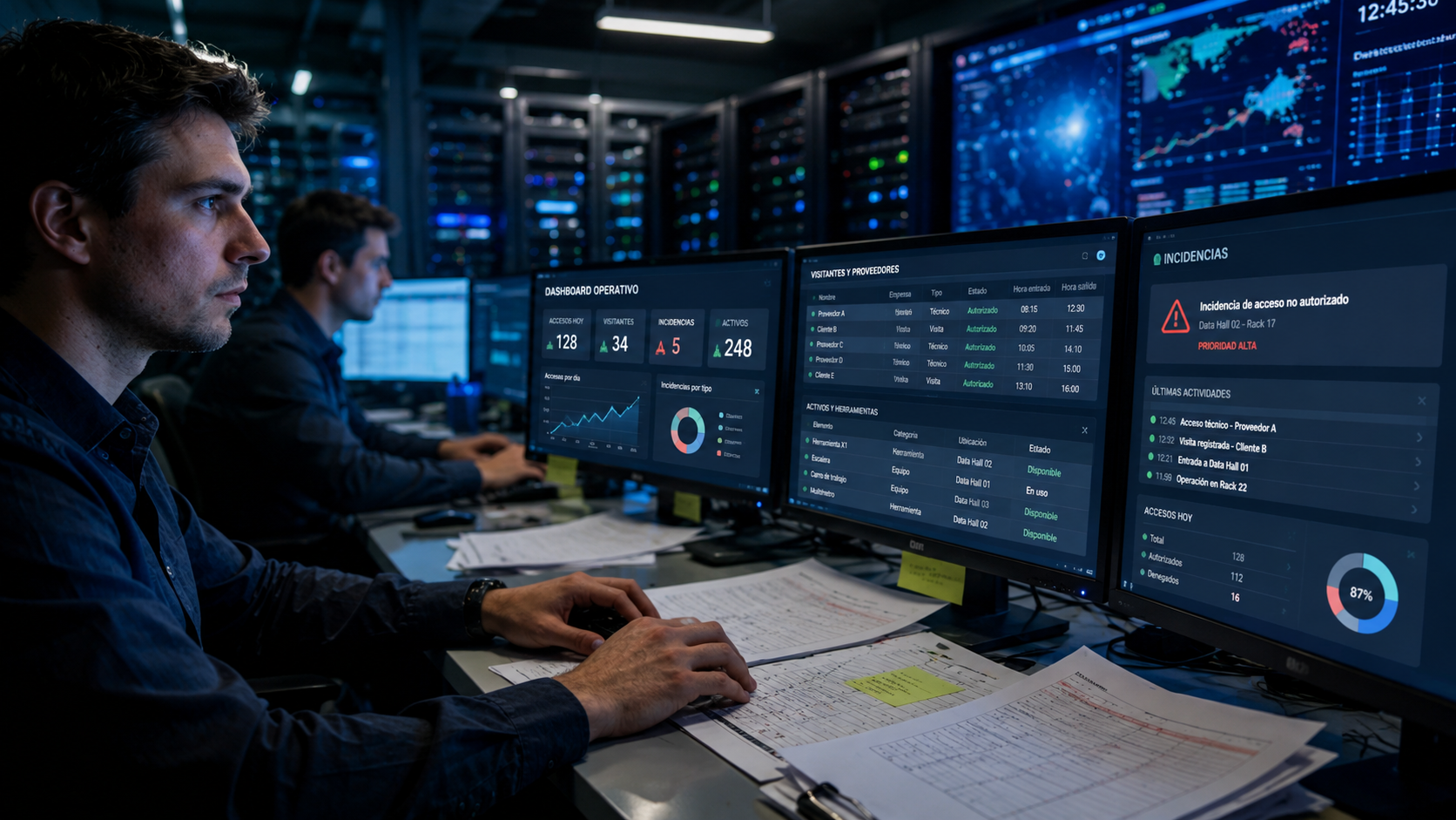Operadores de data center gestionan procesos manuales y registros en hojas de cálculo mientras monitorean accesos, incidencias y activos en múltiples sistemas.