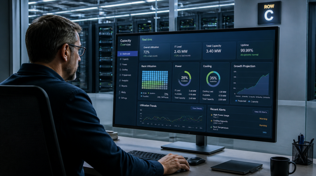 Administrador de data center analiza métricas de capacidad y crecimiento para optimizar recursos en un entorno de colocation.