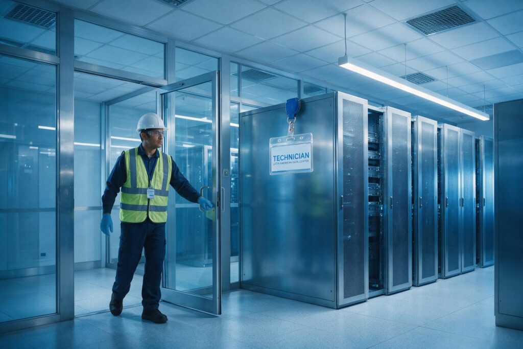 Técnico autorizado ingresa a un data center durante una ventana de mantenimiento