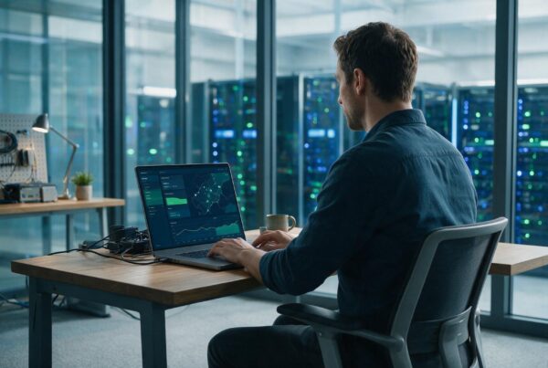 Digitalización de infraestructura en un Data Center con pasillo de servidores iluminado