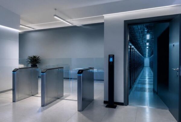 Entrada de seguridad de un data center con torniquetes y control de acceso hacia el pasillo de racks