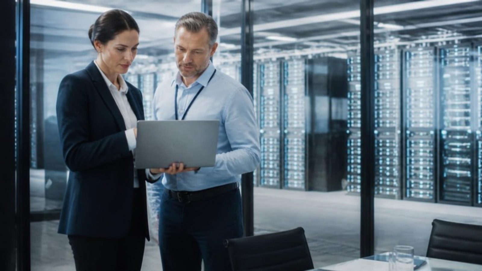Gerente de operaciones y cliente revisando el portal de clientes del data center en una laptop