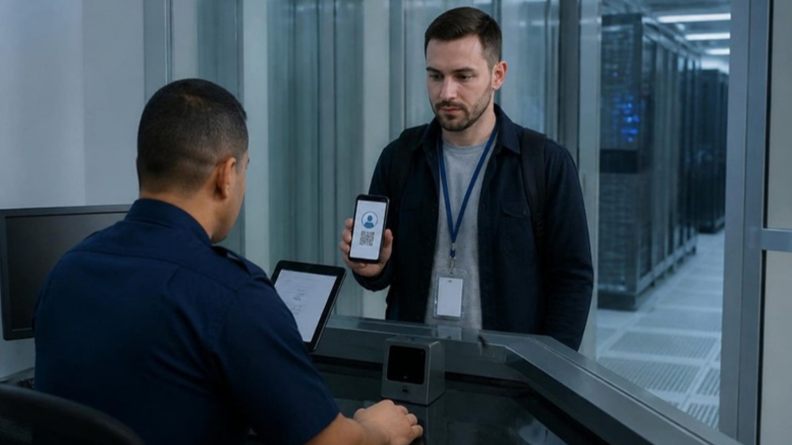 Guardia de seguridad validando la credencial digital de un técnico en la caseta de un data center